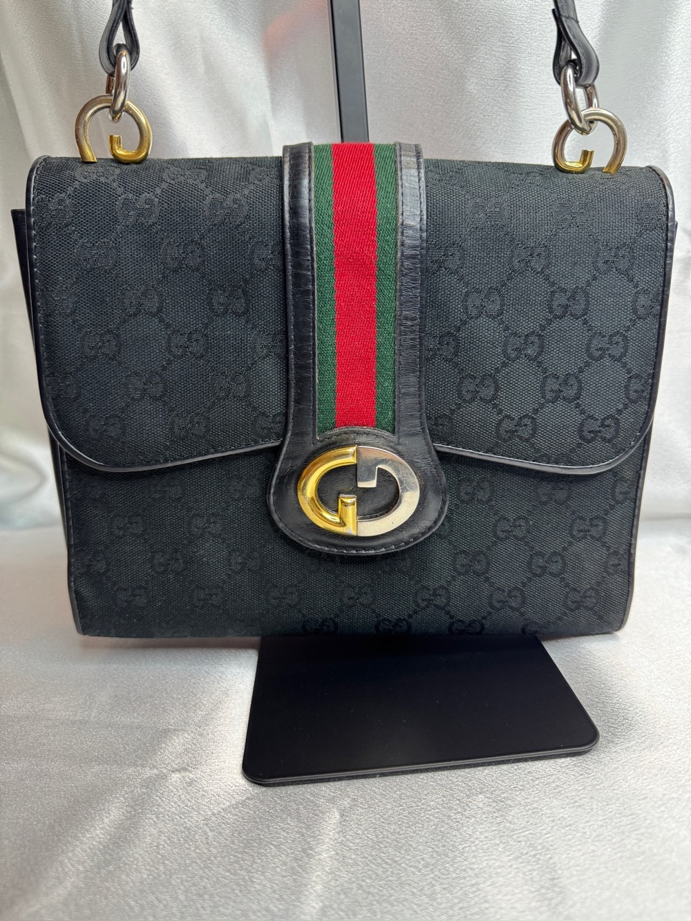 Vintage Gucci Black GG Monogram Canvas/Leather Sherry Line Flap Shoulder Bag COA